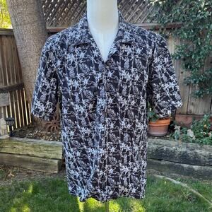 Favant Button Up Black White Pineapple Floral Cotton Hawaiian Shirt Men's XL